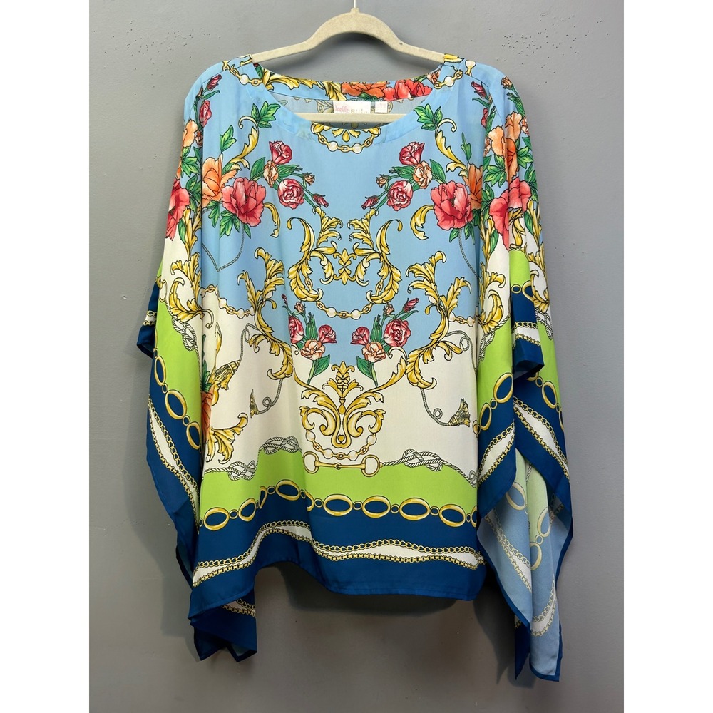 Belle by Kim Gravel Poncho Women Large Blue Multi Floral Chain Scarf Print